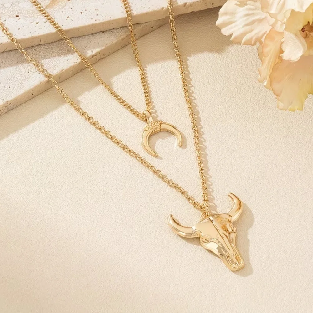 NEW Ethnic Gold Bull and Crescent Necklace. Vintage Cow Skull Pendant Necklace 🐂